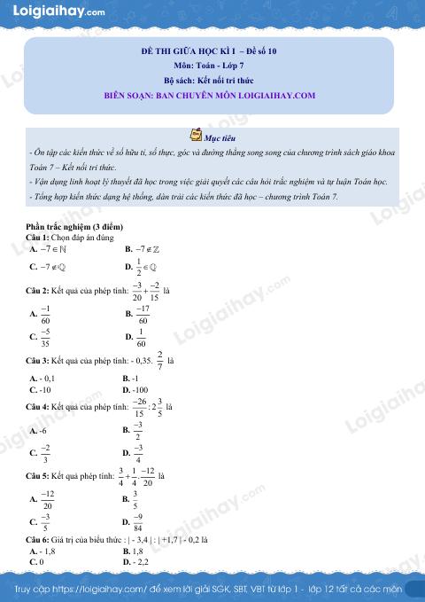 Đề thi giữa kì 1 Toán 7 - Đề số 10 - Kết nối tri thức